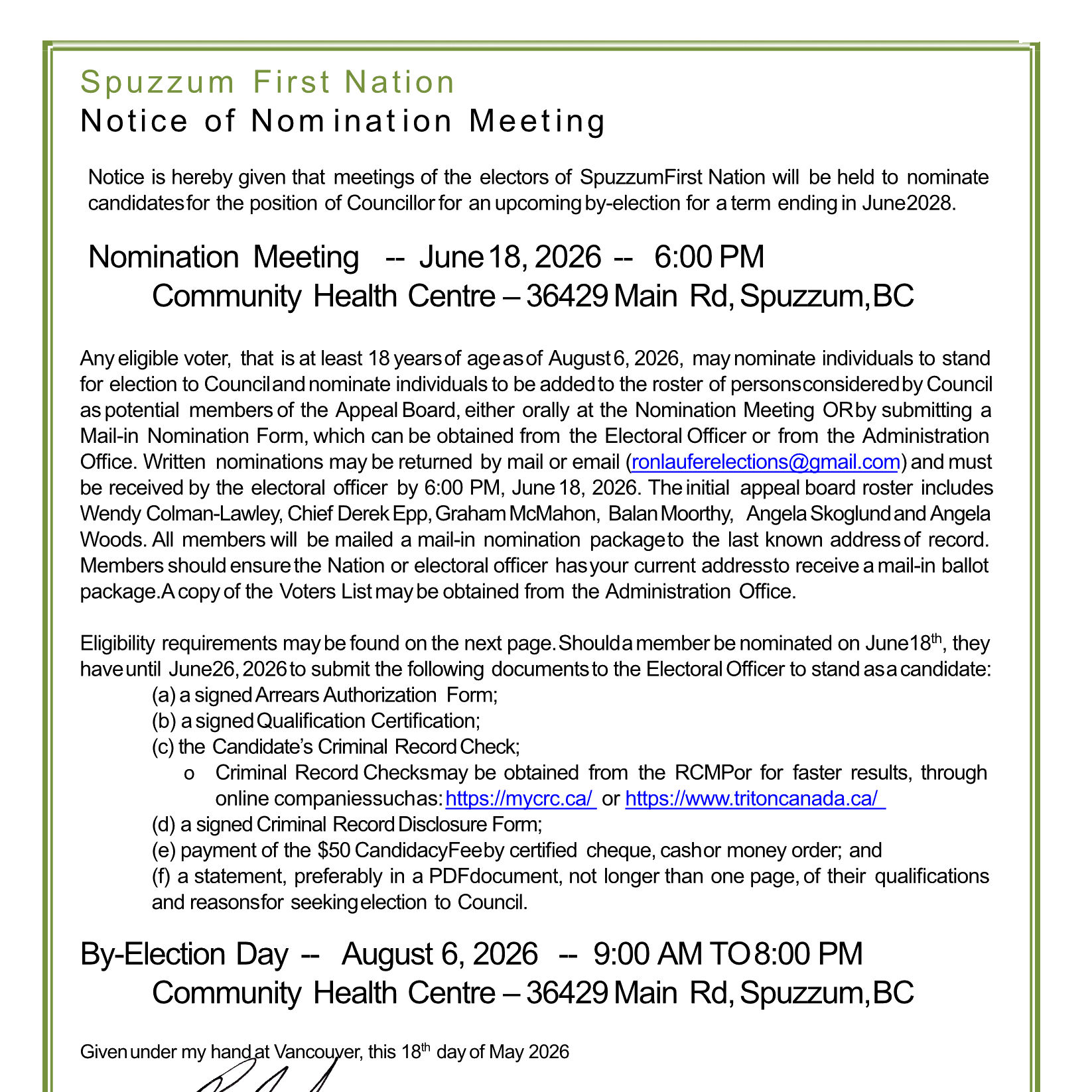 Spuzzum By-Election Nomination Notice